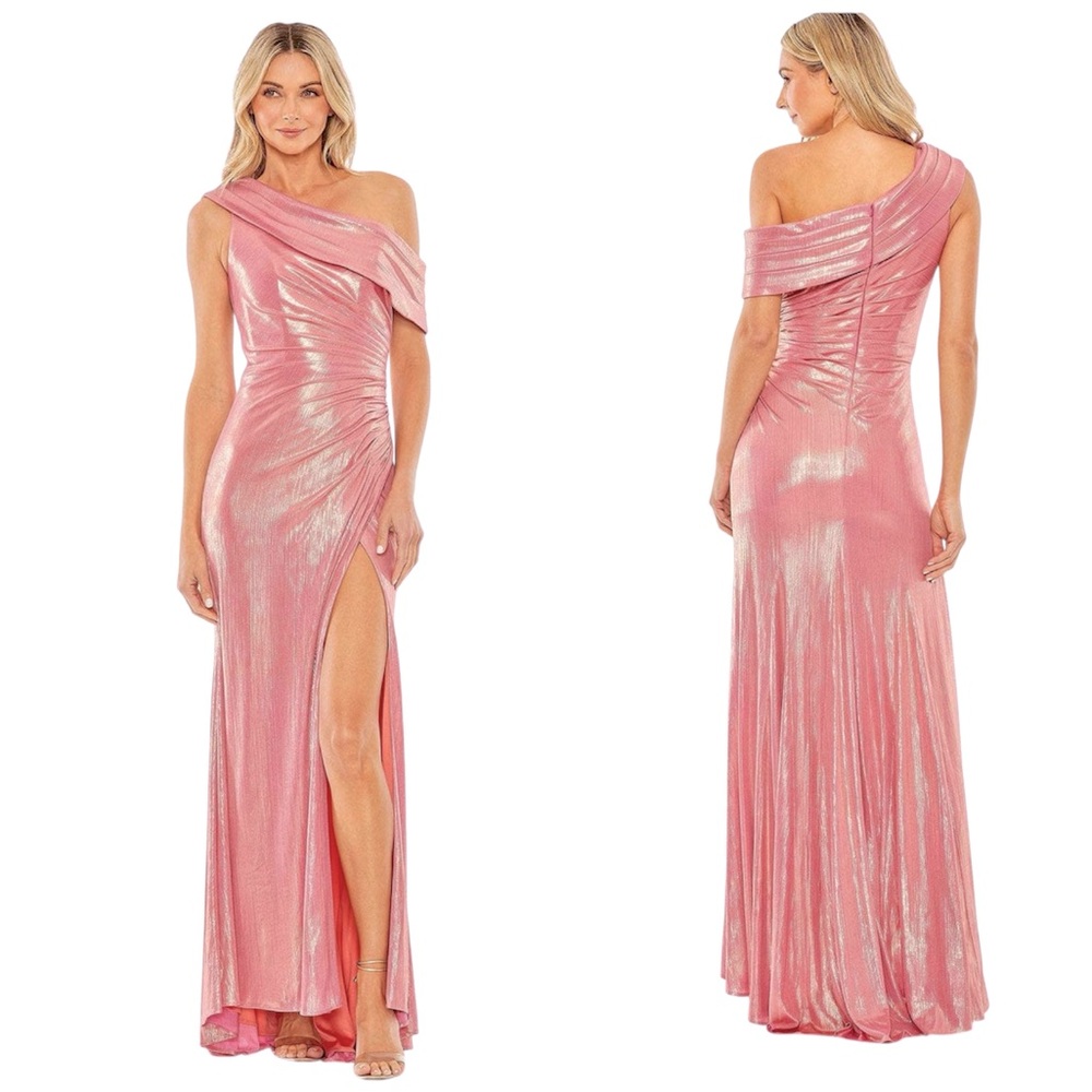 Mac Duggal Metallic Coral Off The Shoulder Ruched Waist Slit Gown Size 14